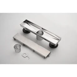 12 In. Linear Shower Drain, Included Hair Strainer And Leveling Feet In Brushed Nickel -Tahanbath brushed nickel tahanbath sink strainers y w2287 p146729 4f 1000