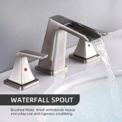 8 In. Waterfall Bathroom Sink Faucet 3 Hole With Pop-Up Drain In Brushed Nickel -Tahanbath brushed nickel widespread bathroom faucets ms b1914 bn kxc 1f 1000