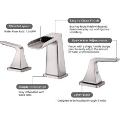 8 In. Waterfall Bathroom Sink Faucet 3 Hole With Pop-Up Drain In Brushed Nickel -Tahanbath brushed nickel widespread bathroom faucets ms b1914 bn kxc 44 1000