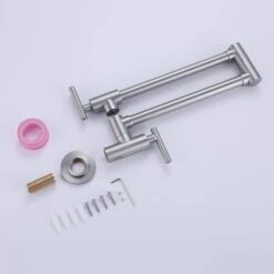 Wall Mounted Pot Filler Faucet 2 Handle With Double Joint Stretchable Folding Arm In Brushed -Tahanbath brushed pot fillers rb1012 ll 4f 1000