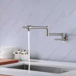 Wall Mounted Pot Filler Faucet 2 Handle With Double Joint Stretchable Folding Arm In Brushed -Tahanbath brushed pot fillers rb1012 ll 76 1000