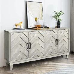 Vintage-Style 4-Door Wooden Buffet Cabinet: Thickened For Strength In Entryway Or Living Room Champagne,Silver