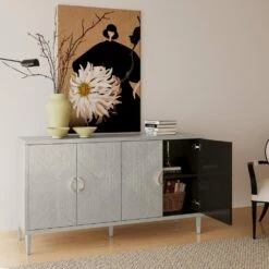 Stylish And Functional 4-Door Storage Cabinet With Pine Legs And MDF, For Living Room Bedroom, And Kitchen, Champagne