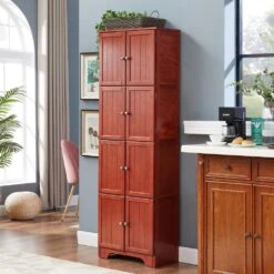 72.4 In. Tall Storage Cabinet Tall Storage Cabinet With 8 Doors And 4-Shelves, Freestanding Storage Cabinet, Cherry -Tahanbath cherry tahanbath pantry organizers z w1758p211011 76 1000