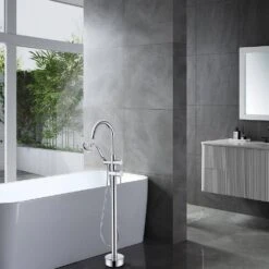 Double Lever Handle Freestanding Tub Filler Bathtub Faucet With Hand Held Shower In Chrome -Tahanbath chrome claw foot tub faucets w122453940 kxc 31 1000
