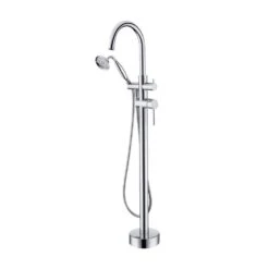 Double Lever Handle Freestanding Tub Filler Bathtub Faucet With Hand Held Shower In Chrome