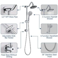 5 Sprays Modern Wall Mount Dual Shower Head Handheld Shower 2.5 GPM In Chrome -Tahanbath chrome dual shower heads x w1219 w56008 4f 1000