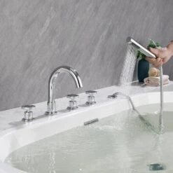 3-Handle Tub Deck Mounting Roman Tub Faucet With Hand Shower In Chrome -Tahanbath chrome roman tub faucets x nk0503 31 1000