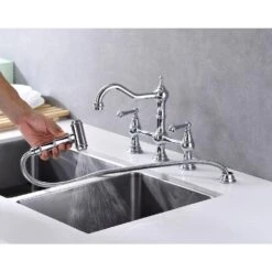 8 Inch Double Handle Bridge Kitchen Faucet With Brass Side Sprayer 2 Handles 4 Holes Deck-Mount In Brushed Chrome -Tahanbath chrome tahanbath bridge kitchen faucets y w928 50278 31 1000
