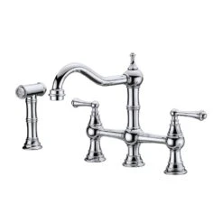 8 Inch Double Handle Bridge Kitchen Faucet With Brass Side Sprayer 2 Handles 4 Holes Deck-Mount In Brushed Chrome