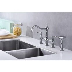 8 Inch Double Handle Bridge Kitchen Faucet With Brass Side Sprayer 2 Handles 4 Holes Deck-Mount In Brushed Chrome -Tahanbath chrome tahanbath bridge kitchen faucets y w928 50278 76 1000