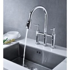 Single Handle Bridge Kitchen Faucet With Pull-Down Sprayhead In Spot In Chrome -Tahanbath chrome tahanbath bridge kitchen faucets y w92850245 44 1000