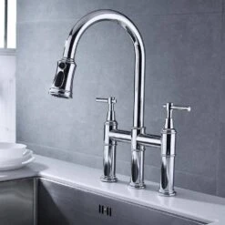 Double Handle Bridge Kitchen Faucet In Chrome -Tahanbath chrome tahanbath bridge kitchen faucets z w2287p183115 1f 1000