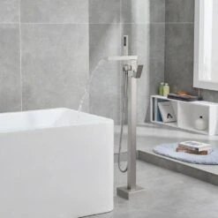 Single-Handle Free Standing Claw Foot Freestanding Tub Faucet With Handheld Shower In Chrome -Tahanbath chrome tahanbath claw foot tub faucets z ct msab512bn 77 1000