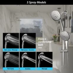 5-spray Dual 5 In. Wall Mount 1.8 GPM Shower Head And Handheld Shower Head In Chrome -Tahanbath chrome tahanbath dual shower heads z w124381489 fa 1000