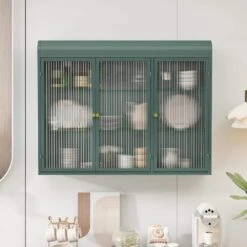 3-Door Arched Wall Mounted Glass Cabinets For Kitchen, Living Room And Bathroom (Dark Green)