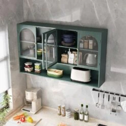 47.25 In. 4-Door Glass Wall Cabinet Storage, Wall-Mounted, Suitable For Kitchen, Living Room, Bathroom(Dark Green) -Tahanbath dark green tahanbath pantry organizers z w757p250949 1f 1000