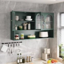 47.25 In. 4-Door Glass Wall Cabinet Storage, Wall-Mounted, Suitable For Kitchen, Living Room, Bathroom(Dark Green) -Tahanbath dark green tahanbath pantry organizers z w757p250949 4f 1000
