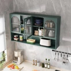 47.25 In. 4-Door Glass Wall Cabinet Storage, Wall-Mounted, Suitable For Kitchen, Living Room, Bathroom(Dark Green) -Tahanbath dark green tahanbath pantry organizers z w757p250949 fa 1000