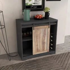 31 In. Farmhouse Barn Door Bar Cabinet For Living Room, Dining Room In Dark Grey