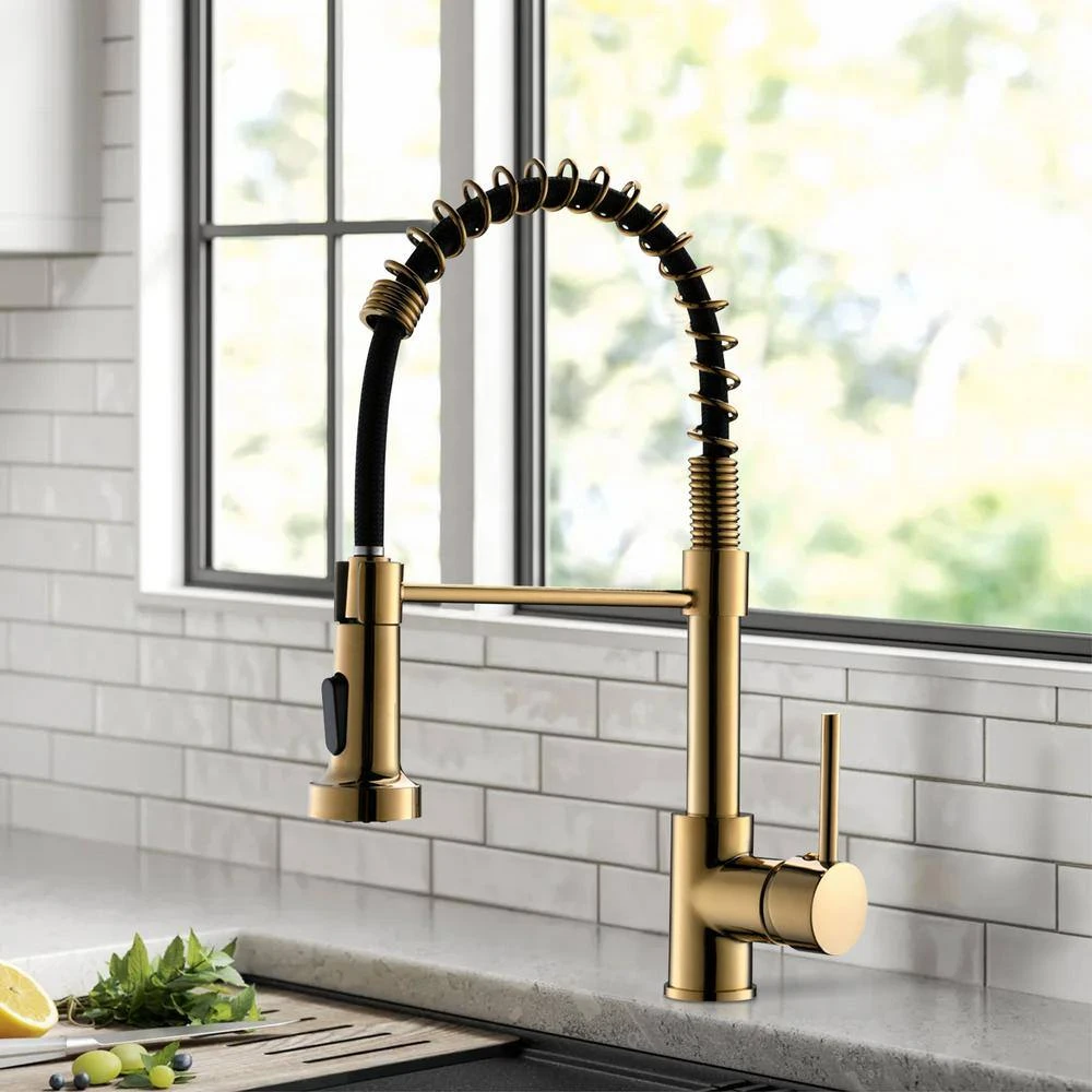 Single Handle Deck Mount Pull Down Sprayer Kitchen Faucet In Gold 2 Single Handle Deck Mount Pull Down Sprayer Kitchen Faucet In Gold - Image 2