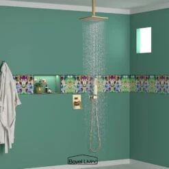 1-Spray Patterns With 2.3 GPM 10 In. Ceiling Mount Dual Shower Heads With Valve Included In Gold -Tahanbath gold tahanbath dual shower heads z smd 88002bg 1f 1000