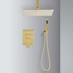 2-Spray 2.5 GPM Ceiling Mounted Dual Shower System Combo Set With Handheld And 10 In. Shower Head Gold -Tahanbath gold tahanbath dual shower heads z th6006 10bg 31 1000