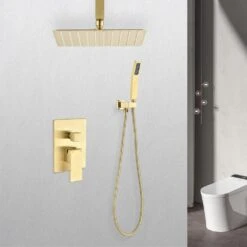 2-Spray 2.5 GPM Ceiling Mounted Dual Shower System Combo Set With Handheld And 10 In. Shower Head Gold -Tahanbath gold tahanbath dual shower heads z th6006 10bg 76 1000