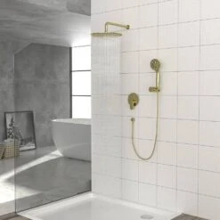 5-spray Dual 10 In. Wall Mount 1.8 GPM Shower Head And Handheld Shower Head In Gold -Tahanbath gold tahanbath dual shower heads z w1243136670 31 1000