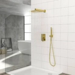 1-spray Dual 10 In. Wall Mount 1.8 GPM Shower Head And Handheld Shower Head In Gold -Tahanbath gold tahanbath dual shower heads z w124381741 31 1000