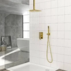 1-spray 10 In.1.8 GPM Ceiling Mount Dual Shower Headand Handheld Shower Head In Gold -Tahanbath gold tahanbath dual shower heads z w124381746 44 1000