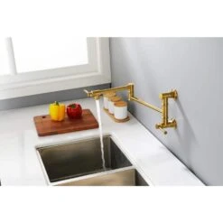 Wall Mounted Pot Filler With Two-Attachment In Gold -Tahanbath gold tahanbath pot fillers z w928104083 1f 1000