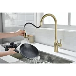 17.5-Single Handle Pull Down Sprayer Kitchen Faucet 360° Spout Swivel In Gold -Tahanbath gold tahanbath pull down kitchen faucets z w2898p232722 31 1000