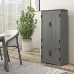 11.80 In. W X 23.50 In. D X 48.50 In. H Particle Board Freestanding Linen Cabinet With 4-Door And Shelves In Gray -Tahanbath gray tahanbath linen cabinets ct xl p249918 31 1000