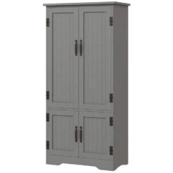 11.80 In. W X 23.50 In. D X 48.50 In. H Particle Board Freestanding Linen Cabinet With 4-Door And Shelves In Gray
