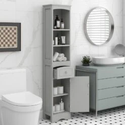 13.4 In. W X 9.1 In. D X 66.9 In. H Gray MDF Freestanding Linen Cabinet With Drawer In Gray -Tahanbath gray tahanbath linen cabinets q g wf289423aag 31 1000