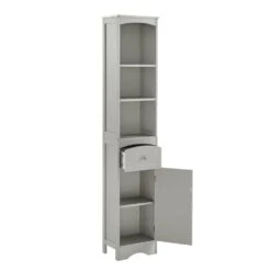 13.4 In. W X 9.1 In. D X 66.9 In. H Gray MDF Freestanding Linen Cabinet With Drawer In Gray -Tahanbath gray tahanbath linen cabinets q g wf289423aag 4f 1000