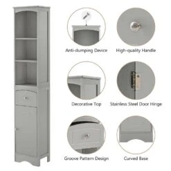 13.4 In. W X 9.1 In. D X 66.9 In. H Gray MDF Freestanding Linen Cabinet With Drawer In Gray -Tahanbath gray tahanbath linen cabinets q g wf289423aag fa 1000