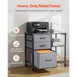 Mobile Metal File Cabinet With 3-Fabric Drawers And 2-Open Shelves In Gray -Tahanbath gray tahanbath pantry organizers z w1247p179943 44 1000