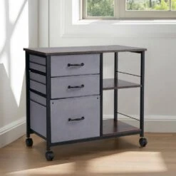 Mobile Metal File Cabinet With 3-Fabric Drawers And 2-Open Shelves In Gray -Tahanbath gray tahanbath pantry organizers z w1247p179943 66 1000