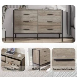 48.58 In. W Rustic Grey Wood Dresser: 6-Drawer Storage For Bedroom With Sturdy Steel Frame -Tahanbath gray tahanbath pantry organizers z w1820p145379 1f 1000
