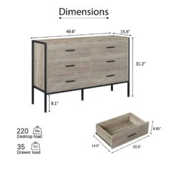 48.58 In. W Rustic Grey Wood Dresser: 6-Drawer Storage For Bedroom With Sturdy Steel Frame -Tahanbath gray tahanbath pantry organizers z w1820p145379 44 1000