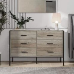 48.58 In. W Rustic Grey Wood Dresser: 6-Drawer Storage For Bedroom With Sturdy Steel Frame -Tahanbath gray tahanbath pantry organizers z w1820p145379 4f 1000