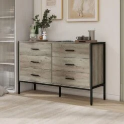 48.58 In. W Rustic Grey Wood Dresser: 6-Drawer Storage For Bedroom With Sturdy Steel Frame