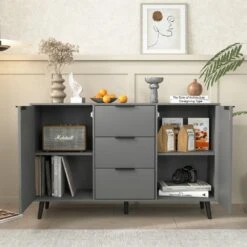 47.2 In. Gray Wood Kitchen Cabinet With 3 Drawers And 2 Doors-Storage Sideboard Buffet For Coffee Bar