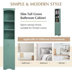 13.4 In. W X 9.1 In. D X 66.9 In. H Green MDF Freestanding Linen Cabinet With Drawer In Green -Tahanbath green tahanbath linen cabinets q g wf289423aac 44 1000