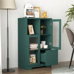 MDF Painted Cabinet With Glass Doors And Drawer, Open Storage Space,Bedroom, Living Room In Green -Tahanbath green tahanbath pantry organizers z b061110707 31 1000