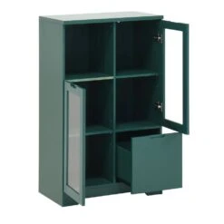 MDF Painted Cabinet With Glass Doors And Drawer, Open Storage Space,Bedroom, Living Room In Green -Tahanbath green tahanbath pantry organizers z b061110707 4f 1000