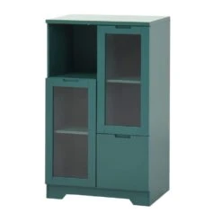 MDF Painted Cabinet With Glass Doors And Drawer, Open Storage Space,Bedroom, Living Room In Green