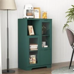 MDF Painted Cabinet With Glass Doors And Drawer, Open Storage Space,Bedroom, Living Room In Green -Tahanbath green tahanbath pantry organizers z b061110707 76 1000